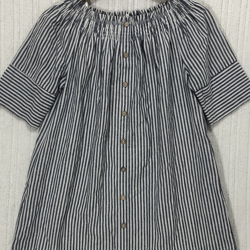 Paper Crane Women Blue White Striped Cotton Smocked Off Shoulder Tunic Top L